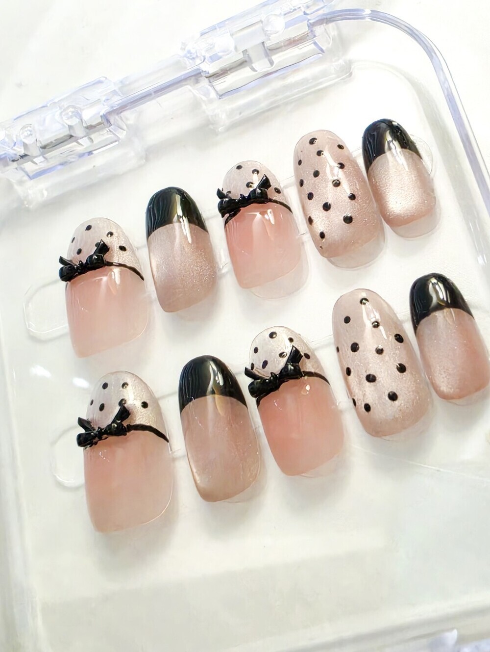 Coquette Press On Nails Small Blush Pink Black French Polka Dot Bow - Picture 5 of 8